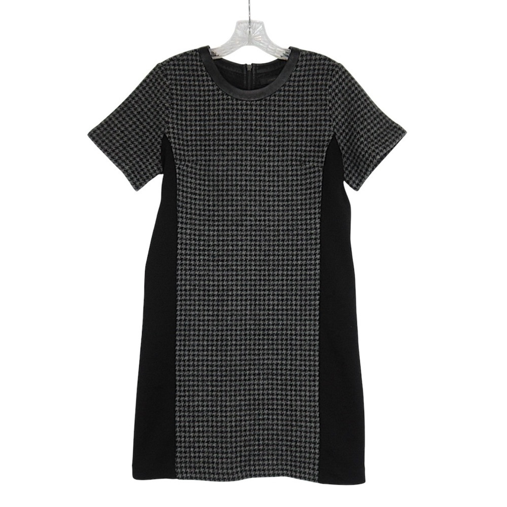 J.CREW Mixed Houndstooth Wool Tweed Leather-Trim Shift Dress Women's Size 8
